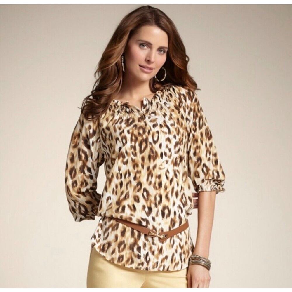 Chico's Leopard Print Peasant Boho Prairie‎ Sheer 3/4 Top Blouse Size 0 (S)